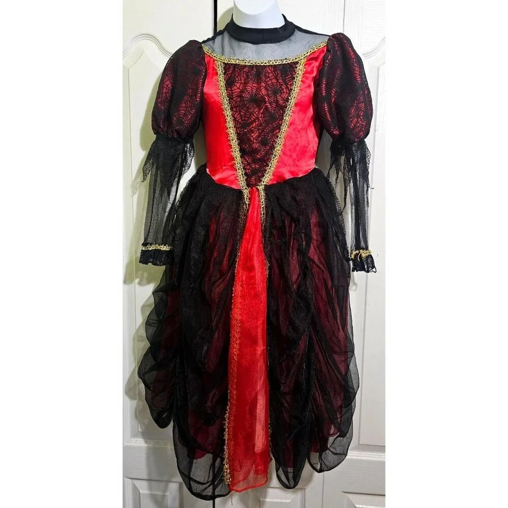 Gothic Vampire Bride Costume Girls 8-10 Red Spider Dress Veil Cape Halloween - Picture 4 of 8